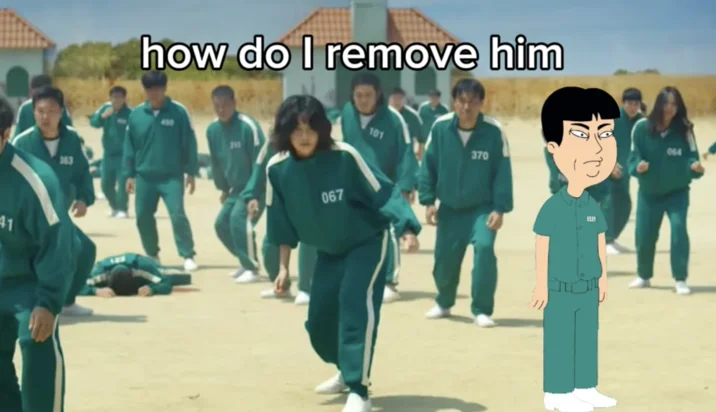Mr Washee Washee How Do I Get Him Off — Mr. Washee Washee wearing a Squid Game tracksuit among the contestants