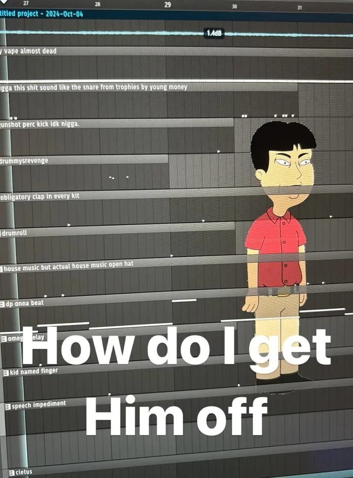 Mr Washee Washee How Do I Get Him Off — Mr. Washee Washee cartoon overlaid on FL Studio arrangement with track names visible