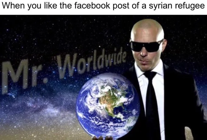 Mr. Worldwide image captioned about liking Syrian refugee's Facebook post.