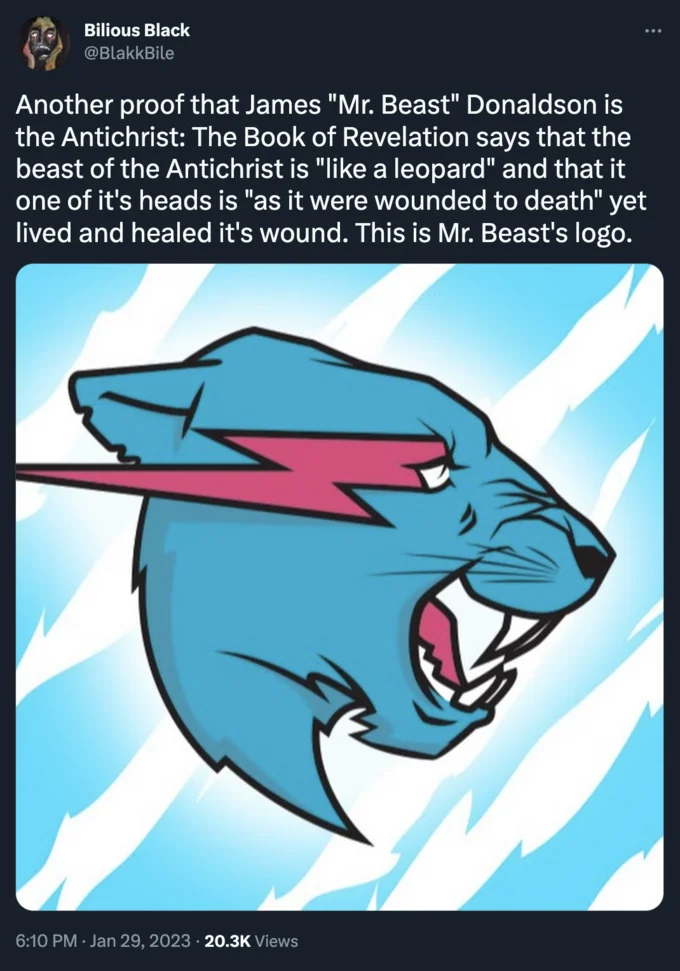 Mrbeast Antichrist Comparisons — Twitter screenshot showing blue beast illustration with biblical Antichrist passage comparison.
