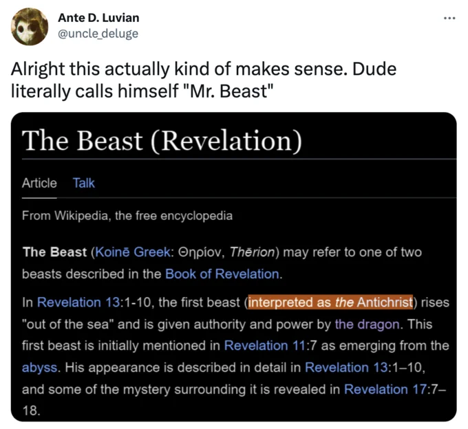 Mrbeast Antichrist Comparisons — Twitter screenshot explaining how MrBeast name aligns with biblical 'The Beast'.