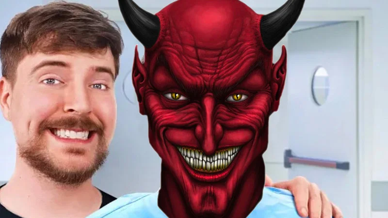 Mrbeast Antichrist Comparisons — Visual meme showing MrBeast's smiling face alongside demonic red devil with horns.