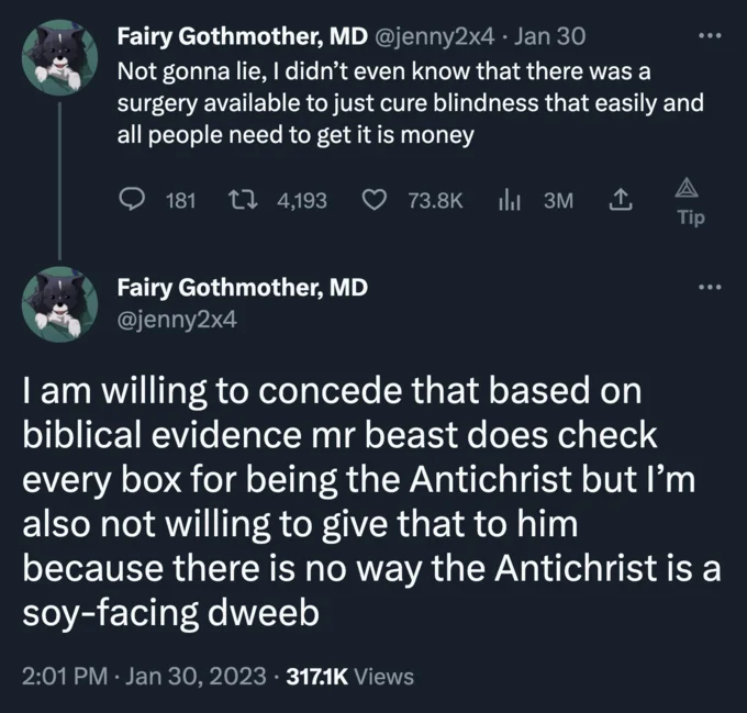 Mrbeast Antichrist Comparisons — Twitter screenshot noting MrBeast matches criteria but dismissing theory humorously.