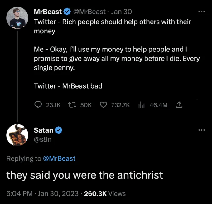 Mrbeast Antichrist Comparisons — Twitter showing MrBeast tweet about helping others with humorous Satan account reply.