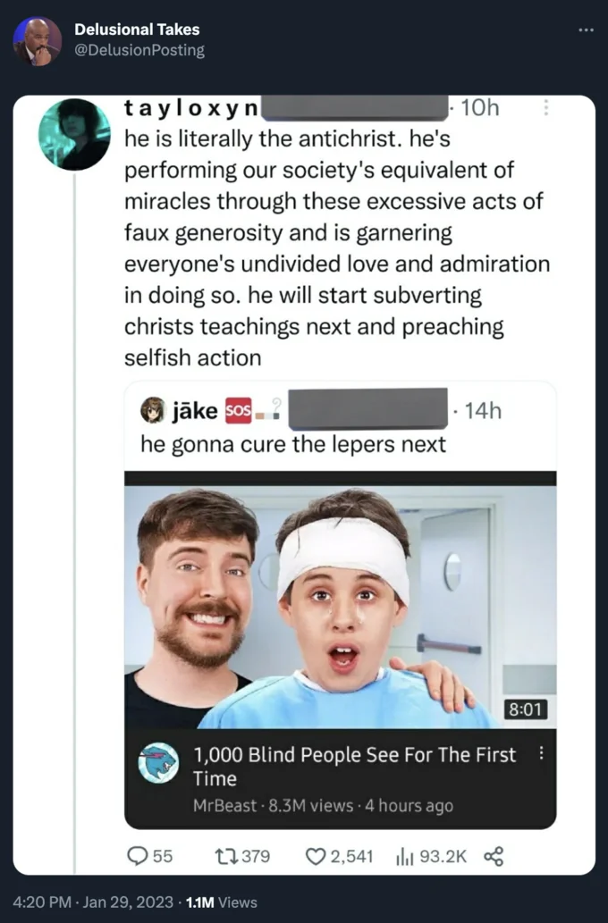 Mrbeast Antichrist Comparisons — Twitter screenshot comparing MrBeast to Antichrist based on charitable acts.