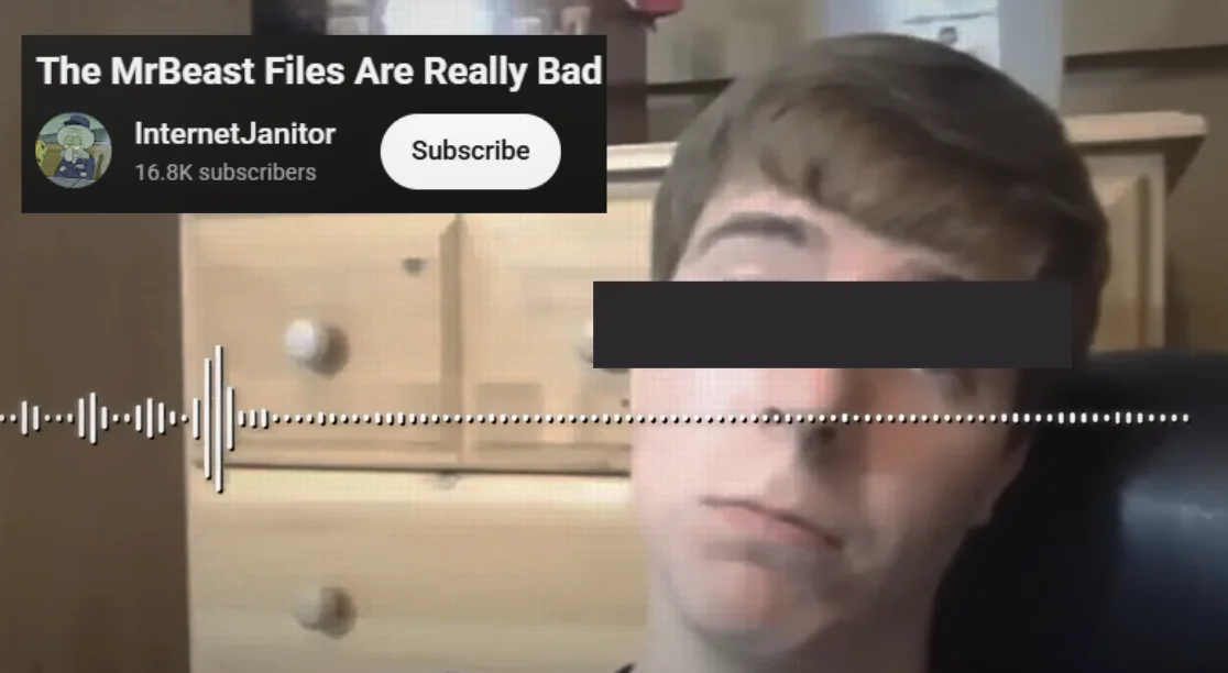 YouTube thumbnail for 'The MrBeast Files Are Really Bad' by InternetJanitor showing a censored young man and audio waveform