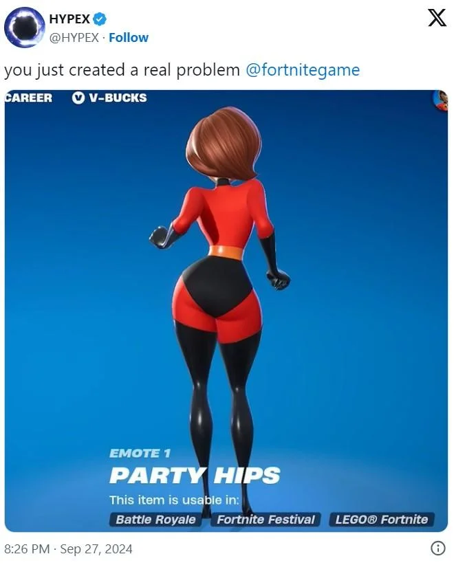 Mrs. Incredible Fortnite Skin — HYPEX tweet showing the Fortnite Party Hips emote on the Mrs. Incredible skin