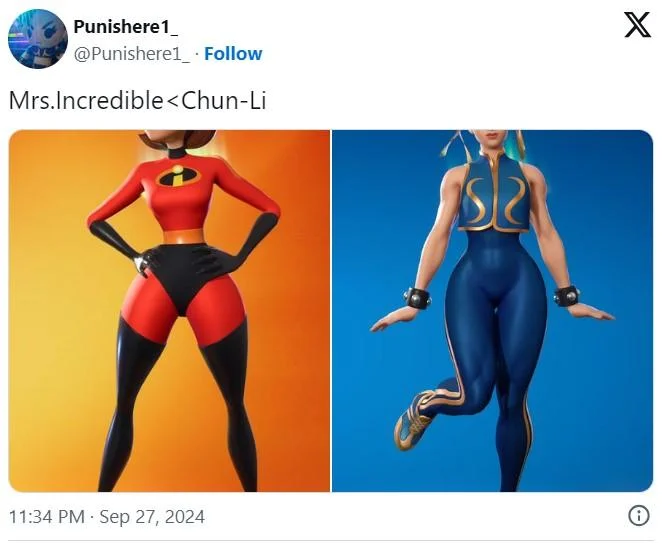 Mrs. Incredible Fortnite Skin — Tweet comparing Mrs. Incredible and Chun-Li Fortnite skins