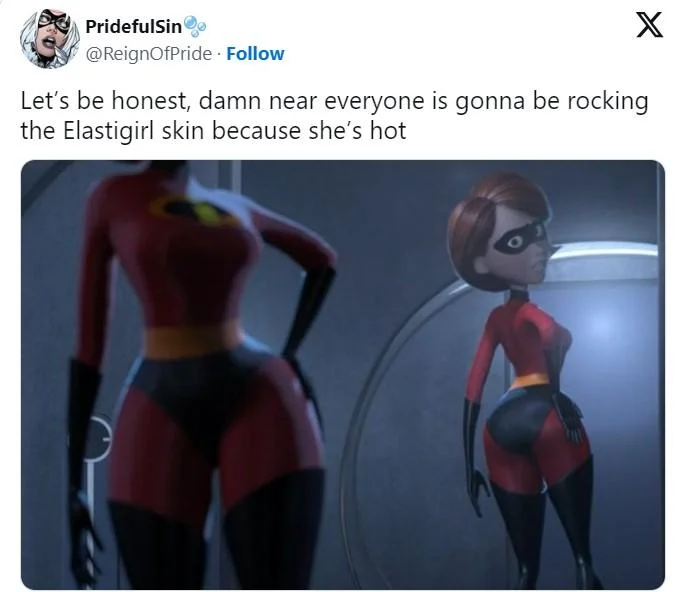 Mrs. Incredible Fortnite Skin — Tweet by PridefulSin joking that everyone will use the Elastigirl Fortnite skin because she is hot