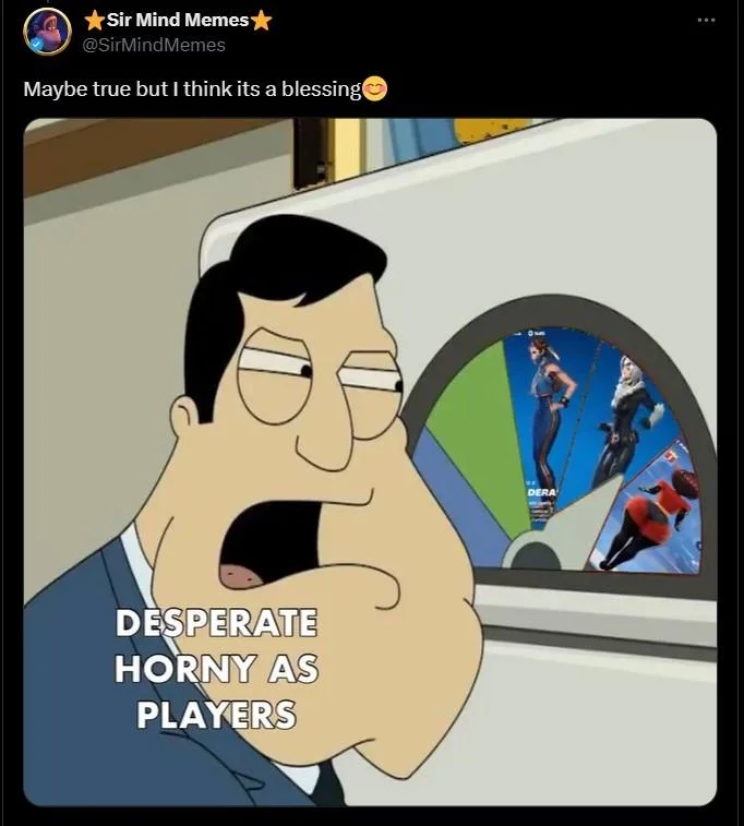 Mrs. Incredible Fortnite Skin — Stan Smith looking at Fortnite skins including Mrs. Incredible with text Desperate Horny As Players