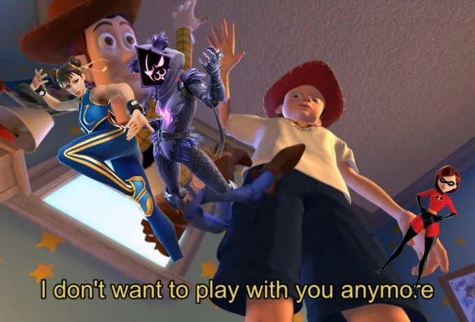 Toy Story I don't want to play with you anymore meme with Chun-Li, Raven and Mrs. Incredible Fortnite skins