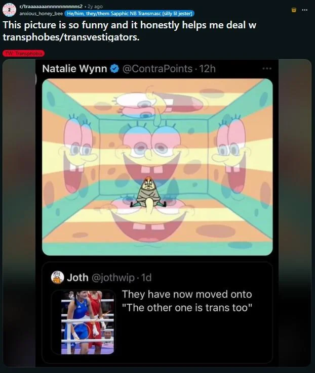 Mrs Puff In A Padded Room — Reddit post quoting a ContraPoints tweet with a trans-flag recolored version of the SpongeBob padded-room meme
