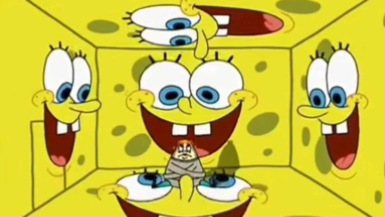 Mrs Puff In A Padded Room — Mrs. Puff in a straitjacket in a padded room surrounded by giant SpongeBob faces on every wall