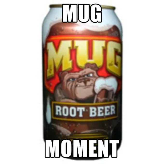 Mug Root Beer can with top-and-bottom Impact text reading 'MUG' and 'MOMENT'.