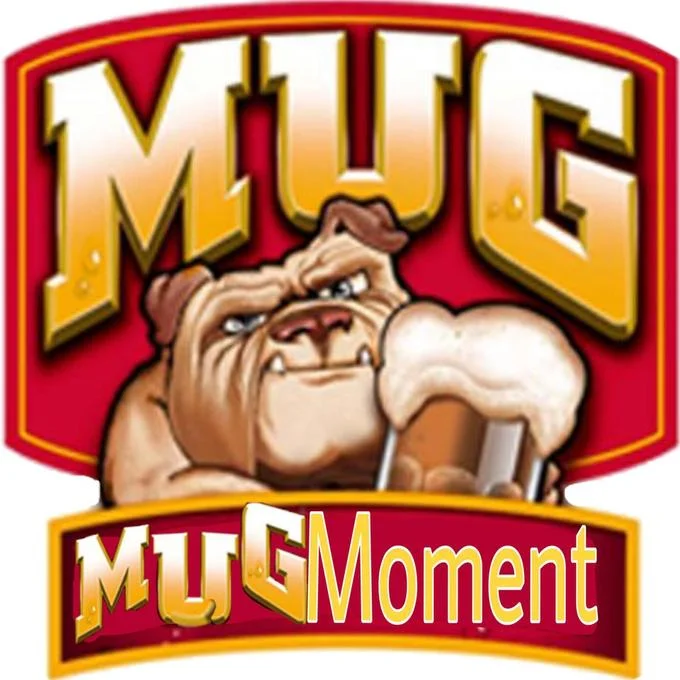 Mug Root Beer bulldog shield with 'MugMoment' lettering on the lower banner.