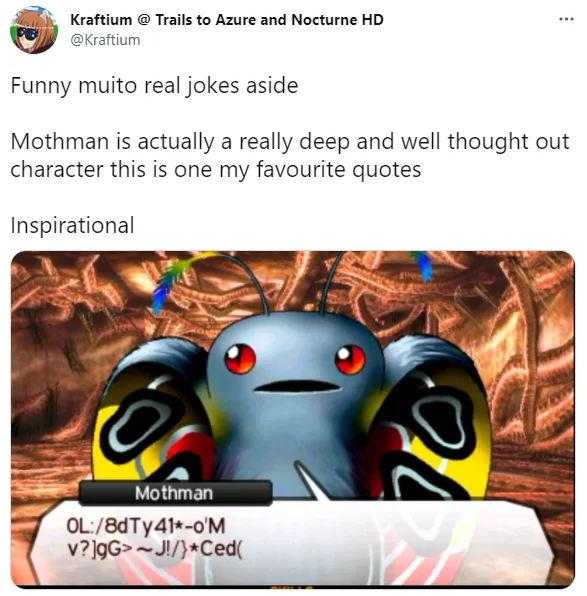 Tweet joking about 'muito real' with Mothman quoting nonsense symbols in SMT
