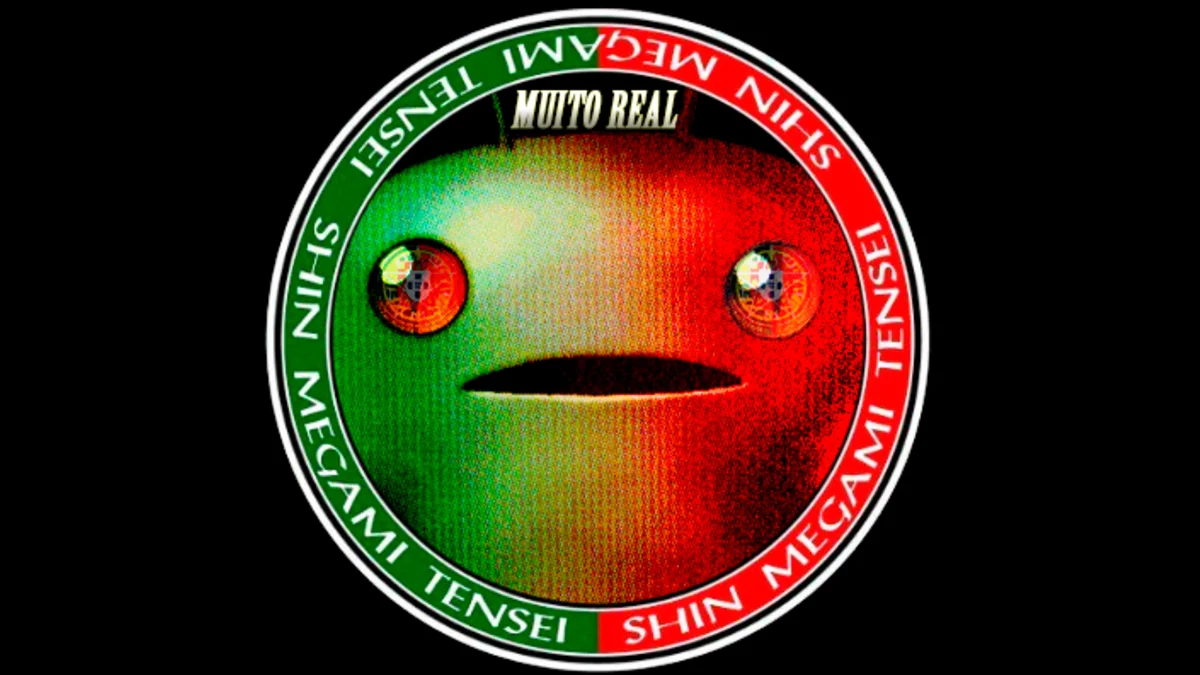 Muito Real Shin Megami Tensei cover art with Mothman face inside Portuguese-themed circular emblem