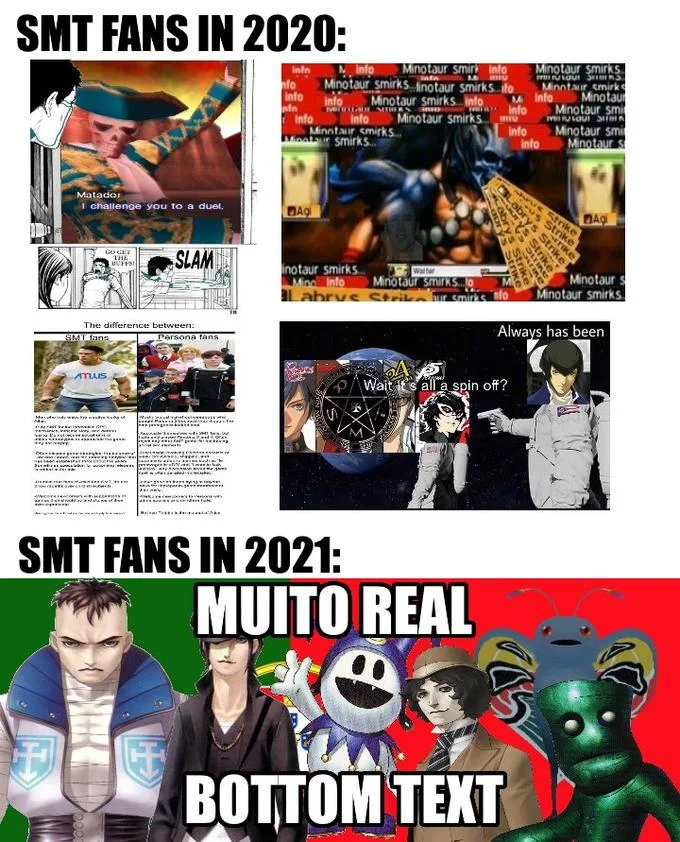 SMT fans 2020 vs 2021 meme with Muito Real bottom text panel featuring Mothman and characters