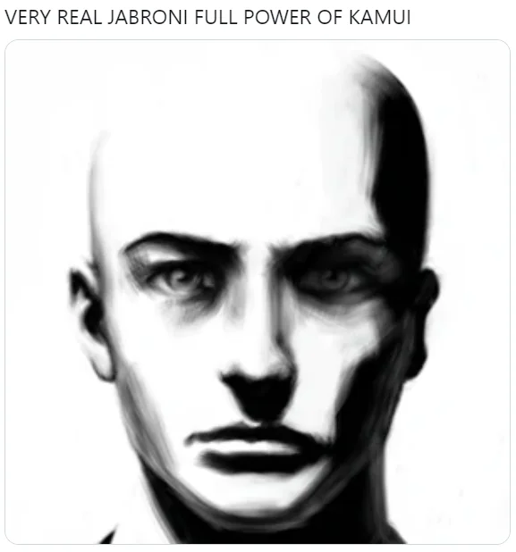 Muito Real — Tweet captioned 'Very real jabroni full power of Kamui' with a monochrome sketch of a bald man