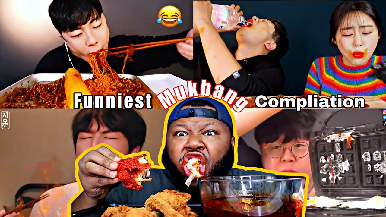 Mukbang Reaction — A six-panel grid collage featuring content creators with exaggerated shocked and dramatic facial expressions while eating, titled 'Funniest