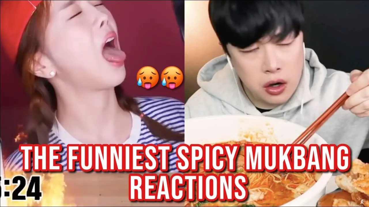 A two-panel reaction compilation titled 'The Funniest Spicy Mukbang Reactions' showing creators with exaggerated shocked and emotional expressions while eating