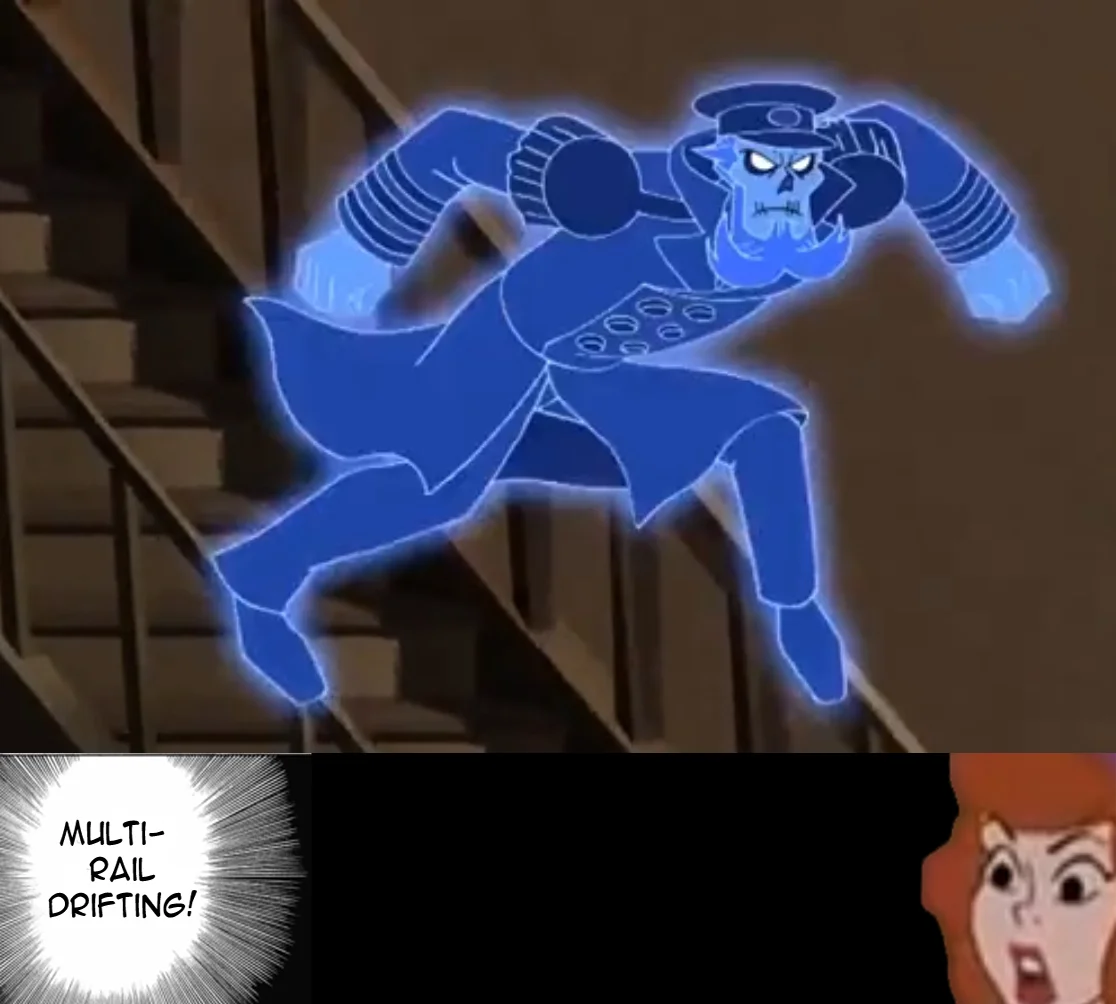 MULTI-TRACK DRIFTING — Blue ghost conductor cartoon above a 'Multi-Rail Drifting!' Densha de D caption panel