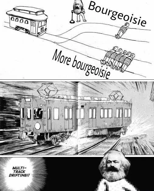 Trolley problem meme with Karl Marx and 'Multi-Track Drifting' Densha de D panel