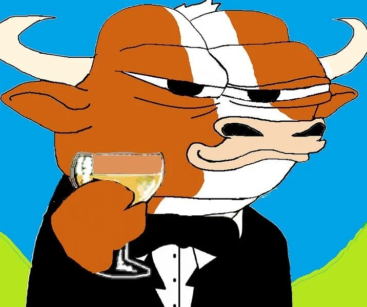 Cartoon Mumu bull in black tuxedo with wine glass against vibrant blue and green background.
