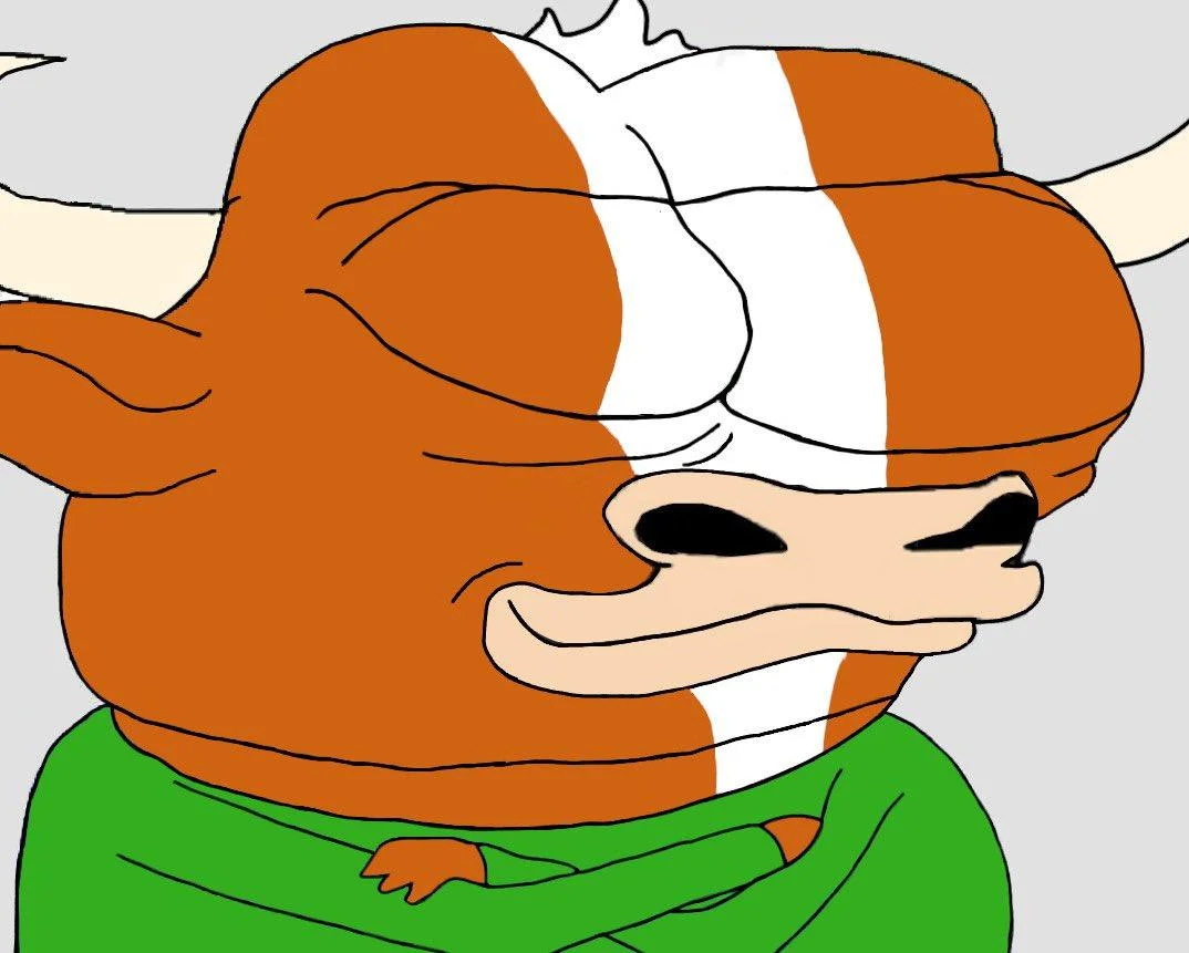 Cartoon illustration of Mumu bull with orange and white stripes wearing green clothing.