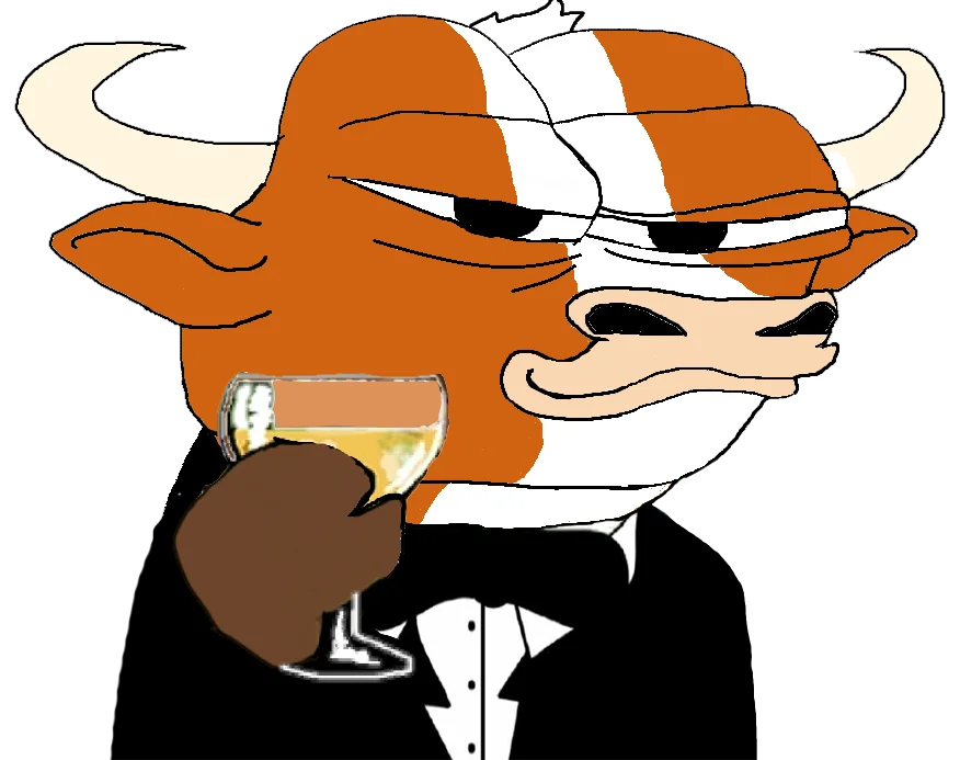 Cartoon illustration of Mumu bull in black tuxedo with bow tie holding wine glass.