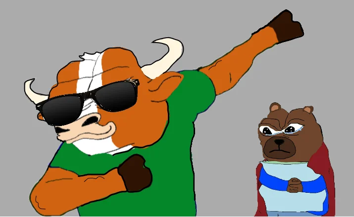 Smug cartoon bull in a tuxedo sipping white wine, the Mumu the Bull meme