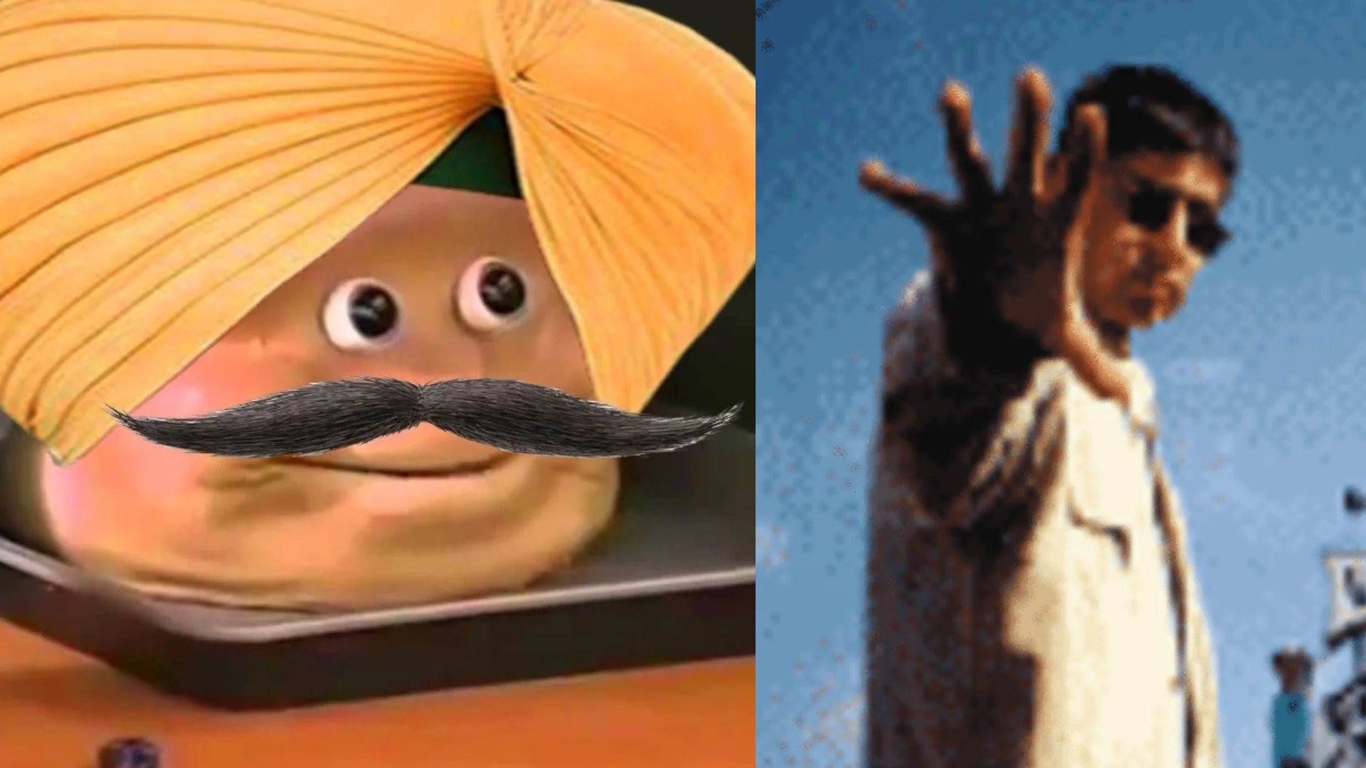 Mundian To Bach Ke Indian Meme Song — Split image of Loaf meme character wearing turban and mustache next to blurry Panjabi MC music video still