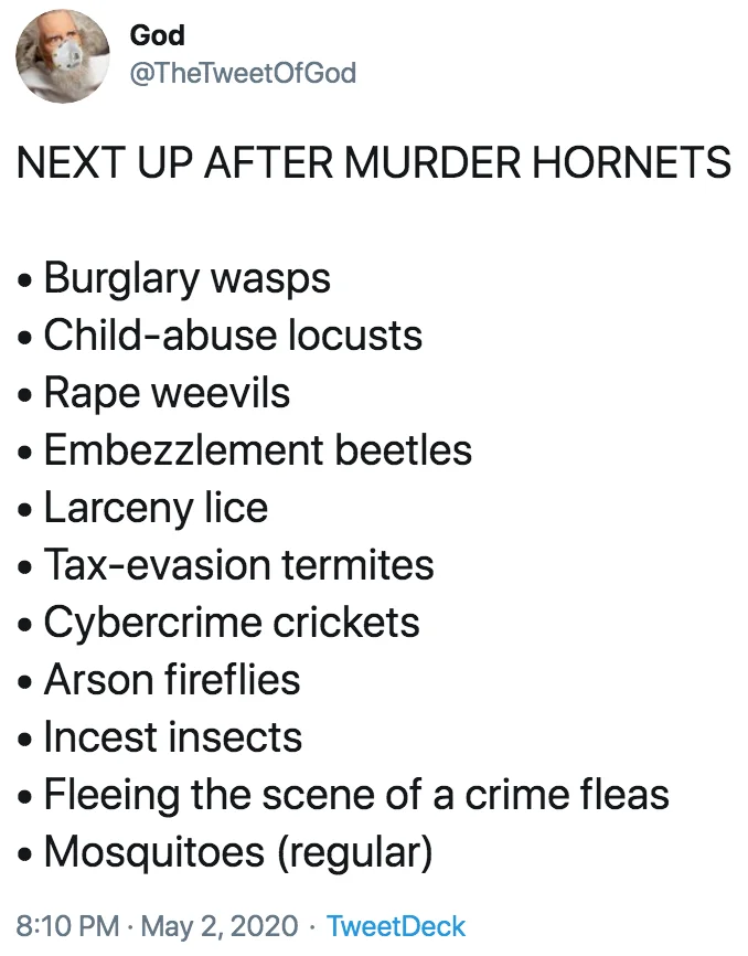 Murder Hornet Invasion — Parody account listing fictional crime-named insects as escalation after murder hornets.