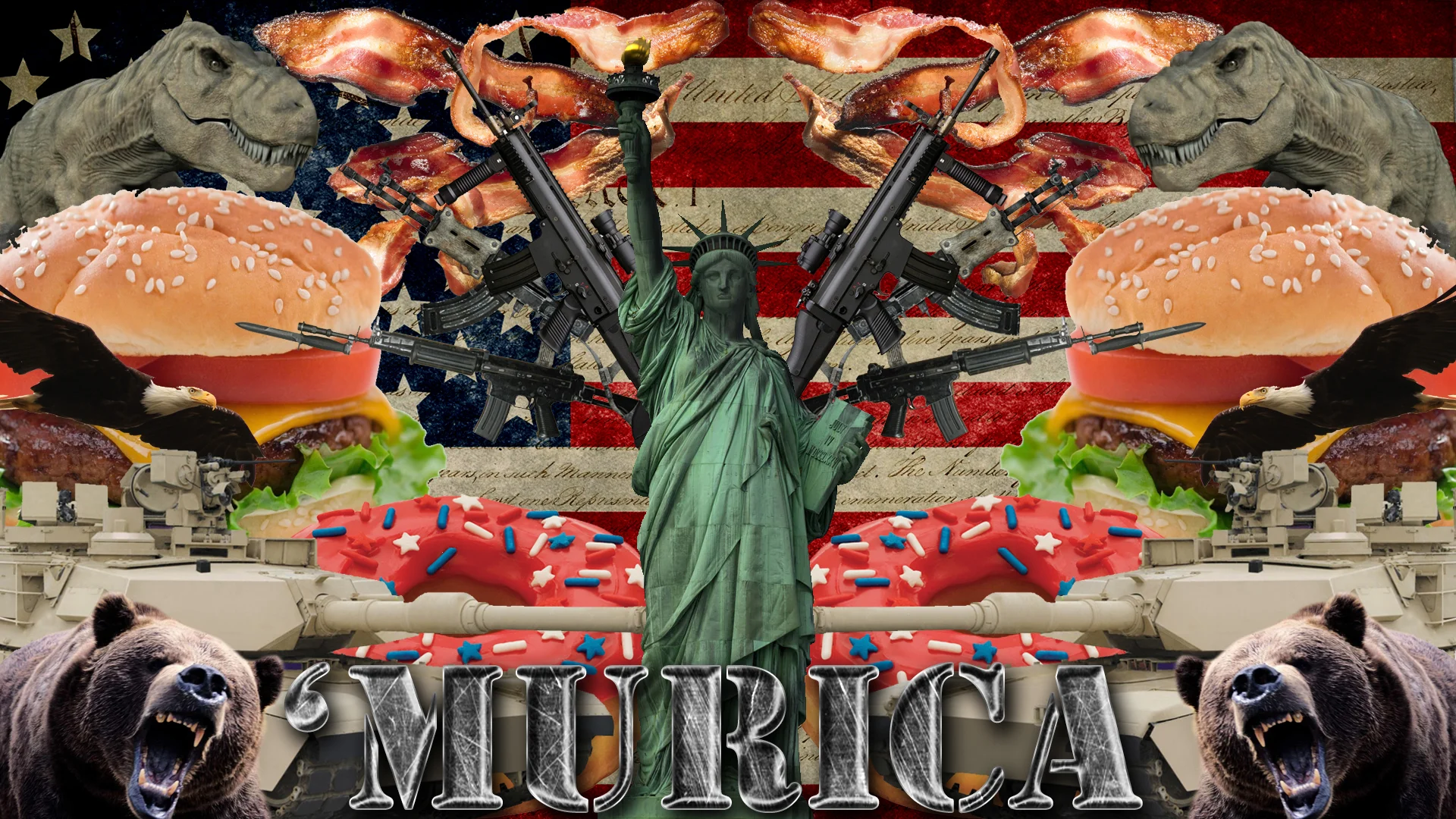 Patriotic collage of Statue of Liberty with rifles, burgers, bacon, tanks, eagles, bears and dinosaurs on an American flag with 'MURICA text.