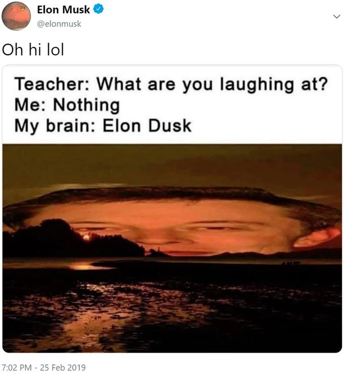 Muskposting — Elon Musk tweet 'Oh hi lol' sharing an Elon Dusk sunset face meme.