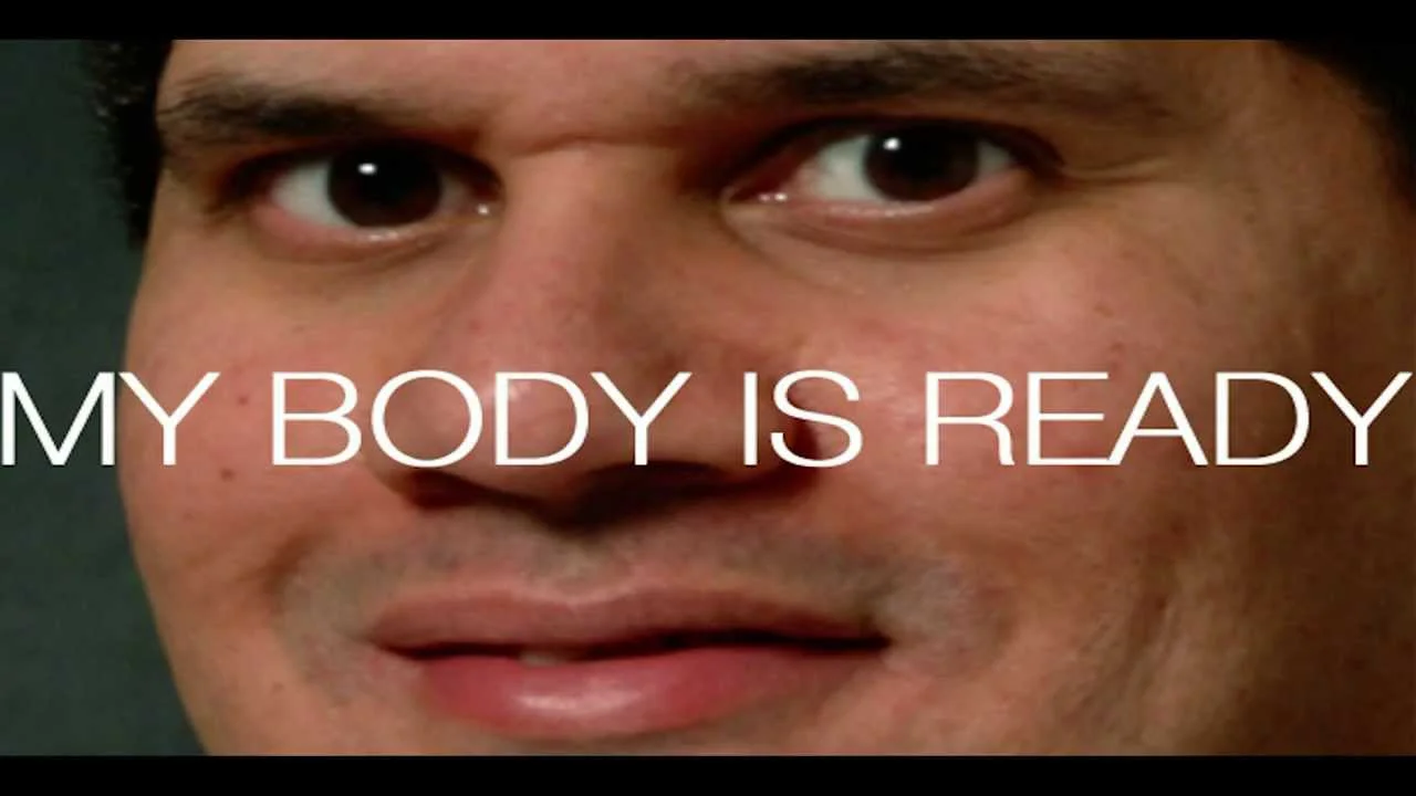 Close-up of Reggie Fils-Aime's face with caption 'MY BODY IS READY'