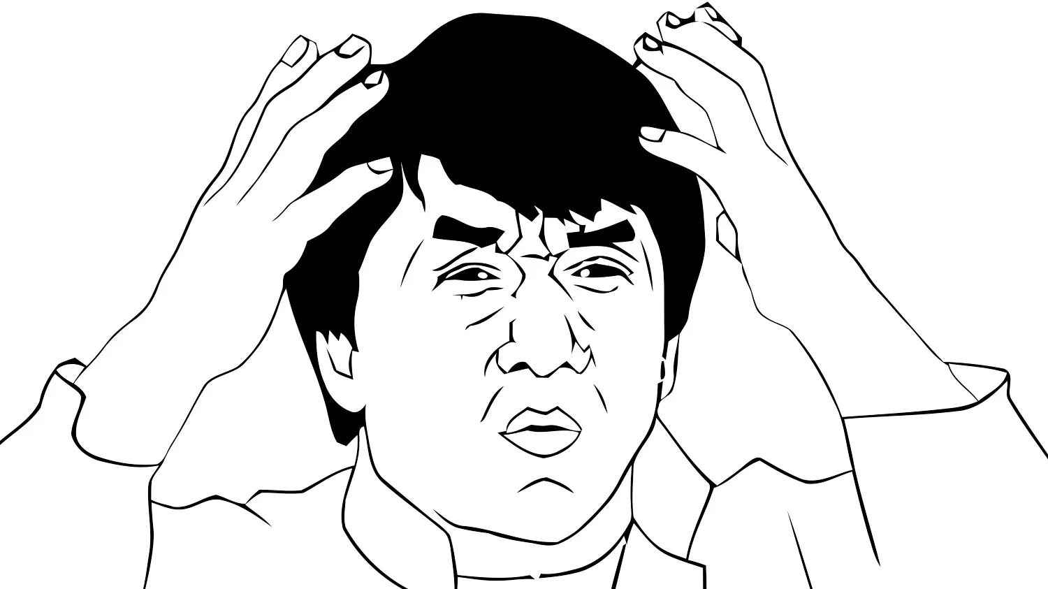 My Brain is Full of Fuck — Line-art drawing of Jackie Chan clutching his head with a confused expression