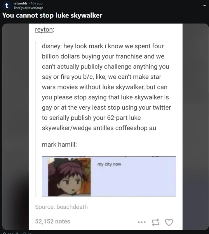 Reddit tumblr post about Mark Hamill using the my city now meme