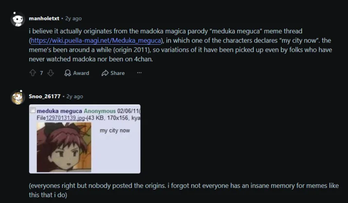 My City Now — Reddit comment explaining the meduka meguca origin of the meme
