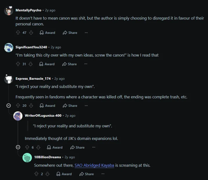 Reddit comments discussing the my city now meme in fandom contexts