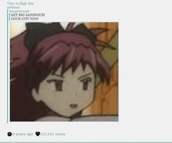 Tumblr post combining Arby's sign phrase with the my city now anime image