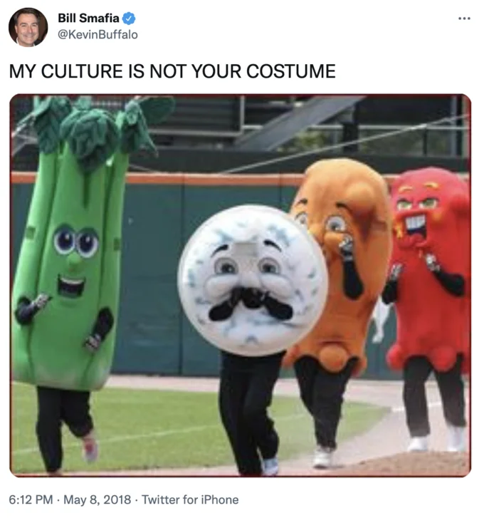 Tweet with photo of baseball mascots in food costumes with 'My Culture Is Not Your Costume' caption