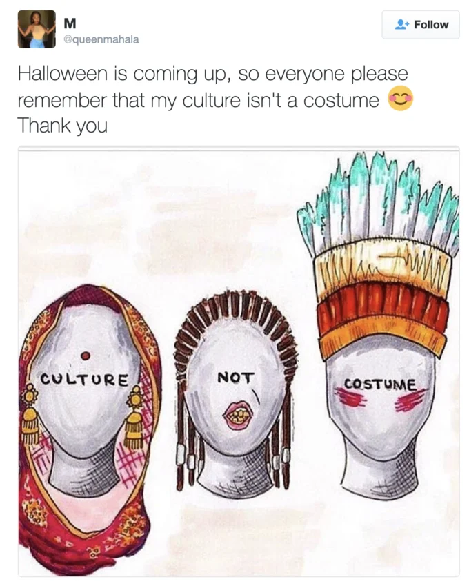 My Culture Is Not Your Costume — Tweet with illustration of three culturally-themed mannequin heads labeled Culture Not Costume
