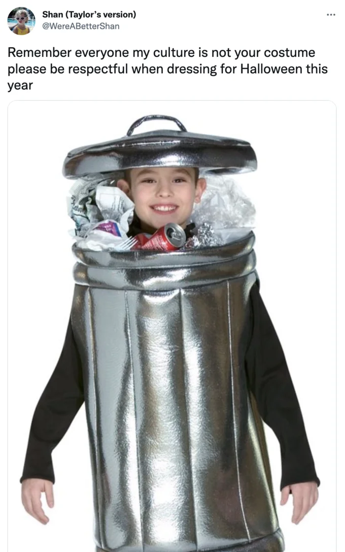 Tweet with child in trash can costume captioned 'my culture is not your costume'
