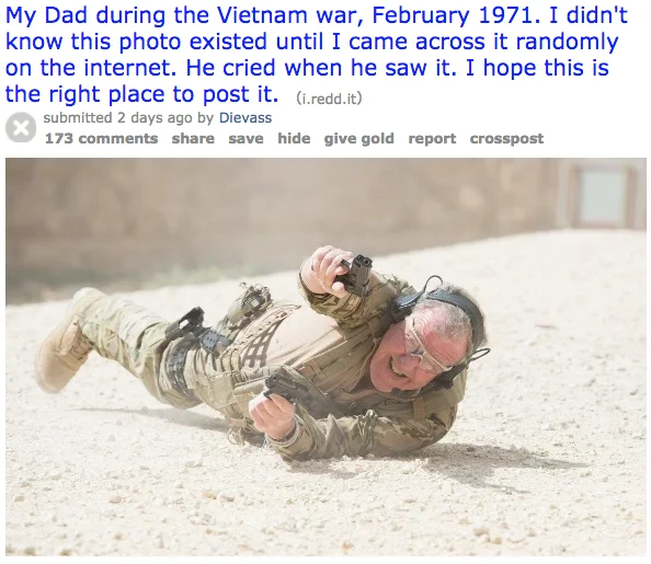 My Dad In Vietnam in 1971 — Reddit post about dad in Vietnam 1971 with anachronistic modern desert soldier photo