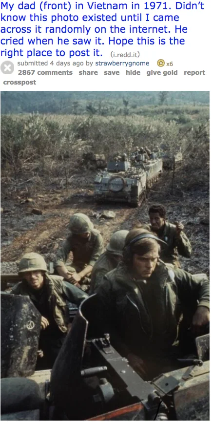 Reddit post captioned 'My dad in Vietnam in 1971' showing soldiers with an armored vehicle