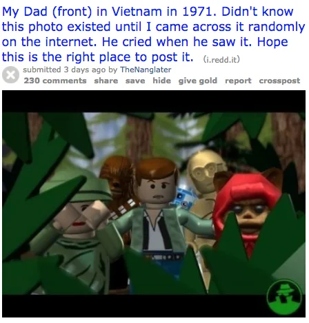 Reddit post with 'My Dad in Vietnam in 1971' text and a LEGO Star Wars Endor screenshot