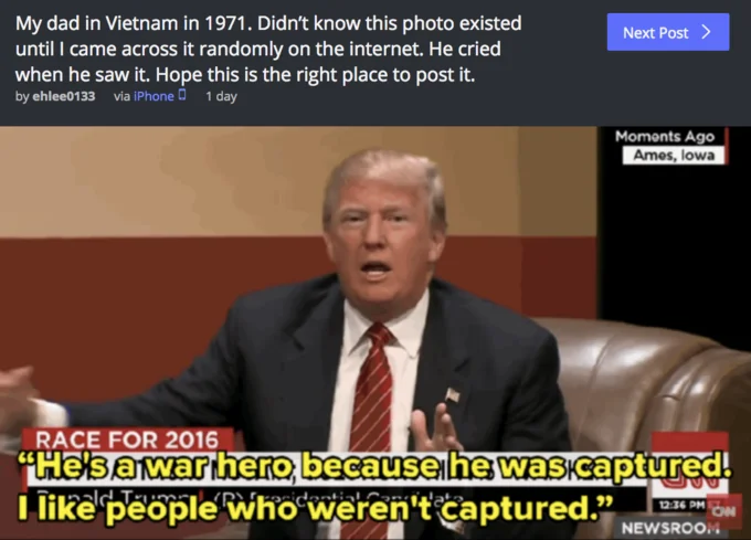 My Dad In Vietnam in 1971 — iFunny post with 'dad in Vietnam' caption and Donald Trump war hero CNN clip