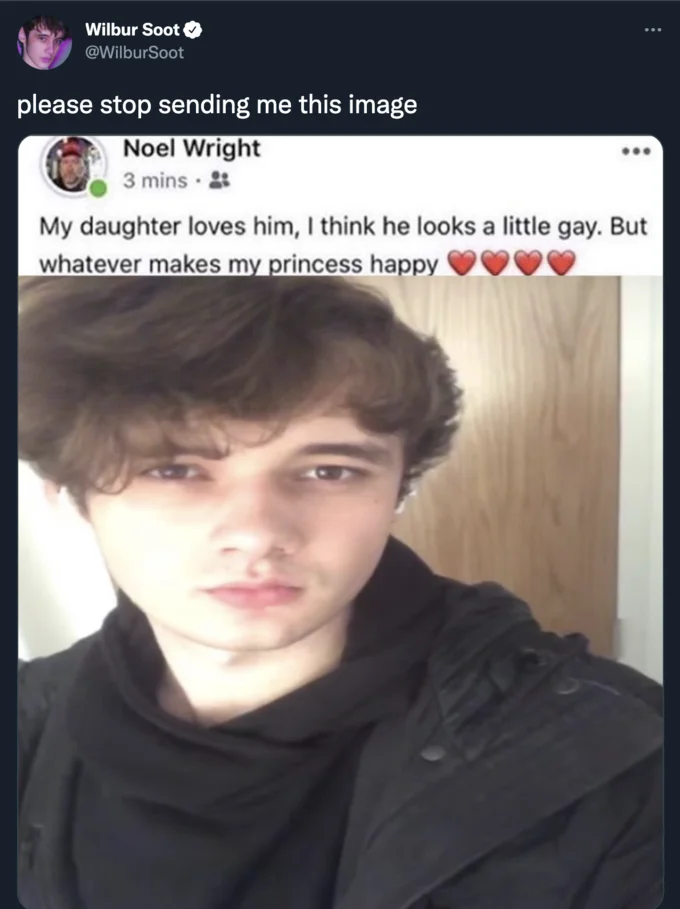 My Daughter Loves Him, I Think He Looks a Little Gay, But Whatever Makes My Prin... — Wilbur Soot tweet reacting to being used in the Noel Wright 'my princess