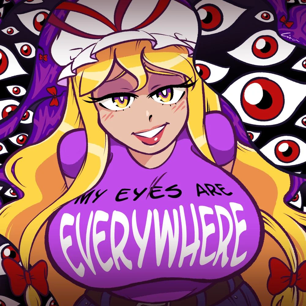 My Eyes Are Up Here — Anime-style blonde character with shirt reading 'my eyes are everywhere'